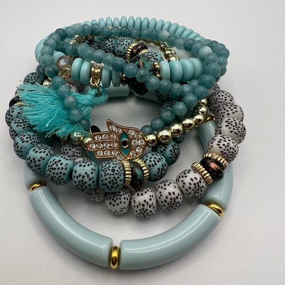 Blue Boho Chic Bead Bracelet Set - Trendy Stylish Stacked Bracelet Set - Picture 13 of 14